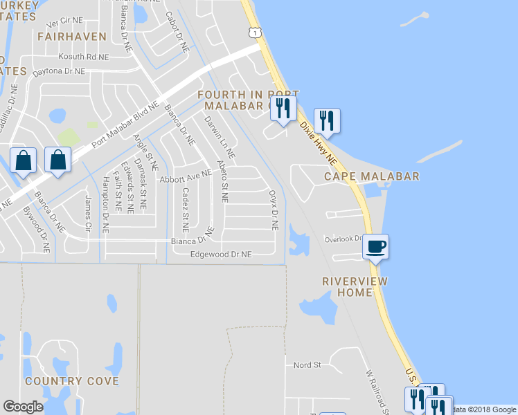 map of restaurants, bars, coffee shops, grocery stores, and more near 3262 Haddon Avenue Northeast in Palm Bay
