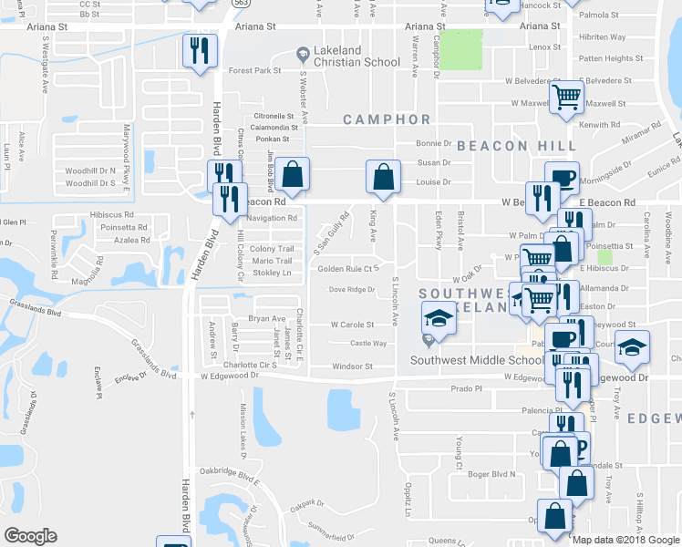 map of restaurants, bars, coffee shops, grocery stores, and more near 914 Golden Rule Court South in Lakeland