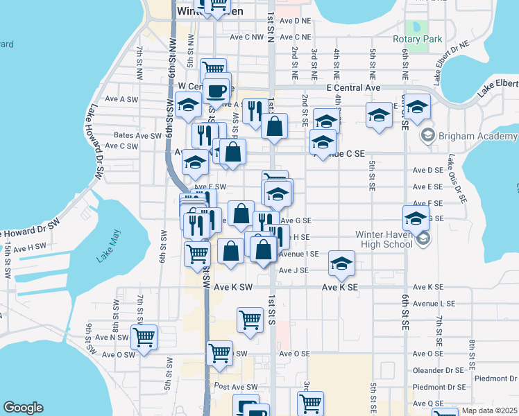 map of restaurants, bars, coffee shops, grocery stores, and more near 124 Avenue F Southeast in Winter Haven