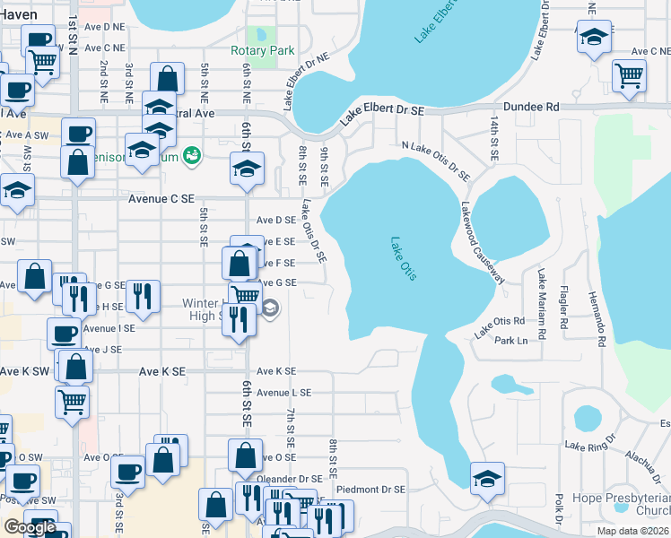 map of restaurants, bars, coffee shops, grocery stores, and more near 730 Lake Otis Drive Southeast in Winter Haven