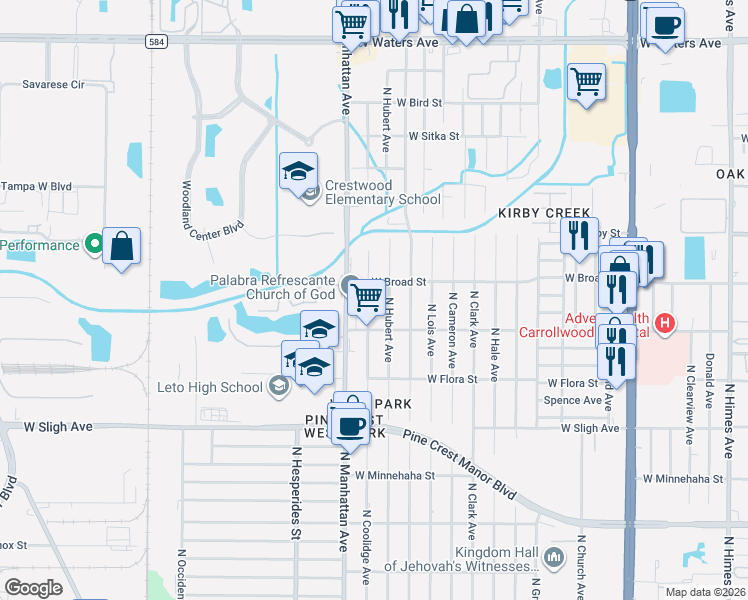 map of restaurants, bars, coffee shops, grocery stores, and more near 7214 North Coolidge Avenue in Tampa