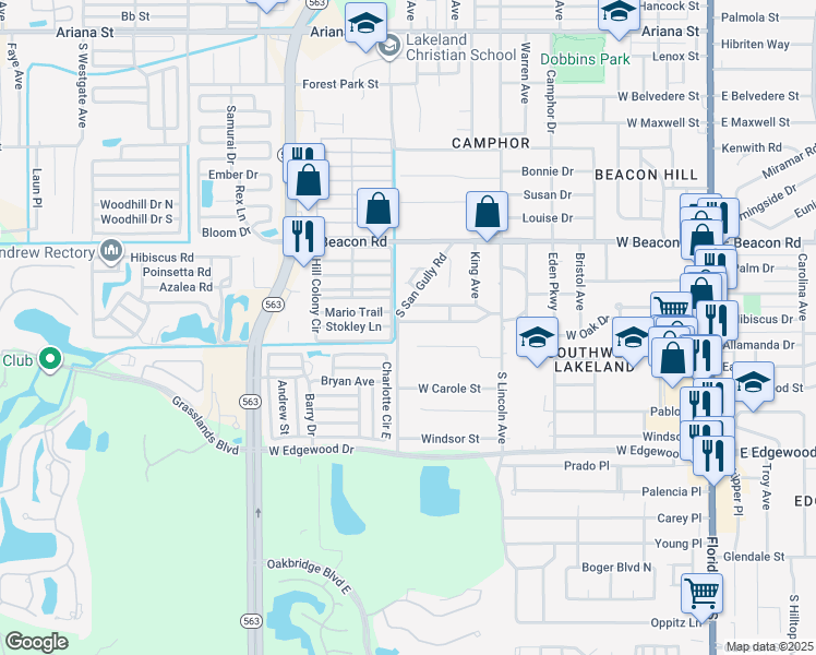 map of restaurants, bars, coffee shops, grocery stores, and more near 942 Golden Rule Court South in Lakeland