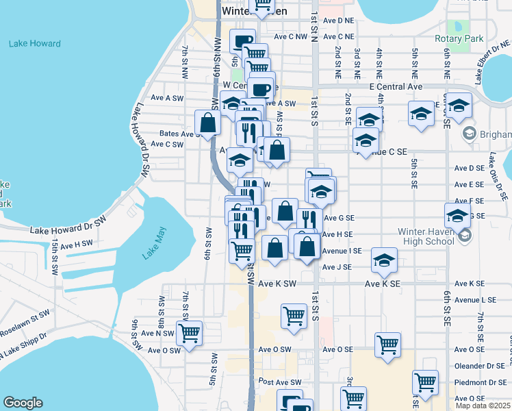 map of restaurants, bars, coffee shops, grocery stores, and more near 600 3rd Street Southwest in Winter Haven