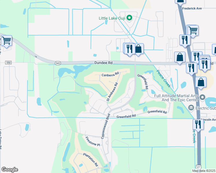 map of restaurants, bars, coffee shops, grocery stores, and more near 660 Augusta Road in Winter Haven