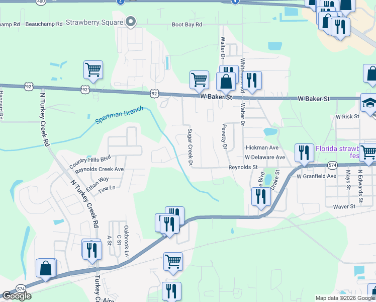 map of restaurants, bars, coffee shops, grocery stores, and more near 301 Sugar Creek Drive in Plant City