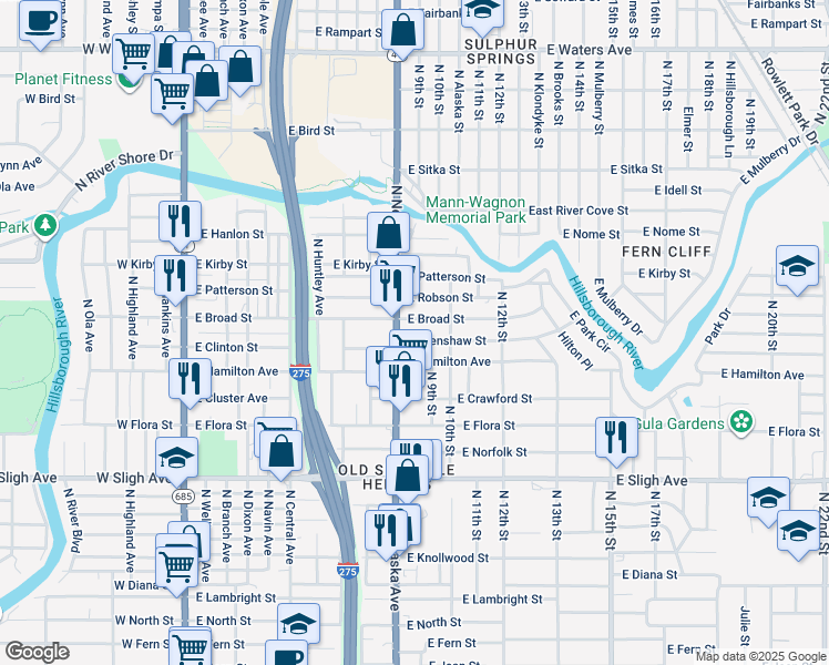 map of restaurants, bars, coffee shops, grocery stores, and more near 904 East Crenshaw Street in Tampa