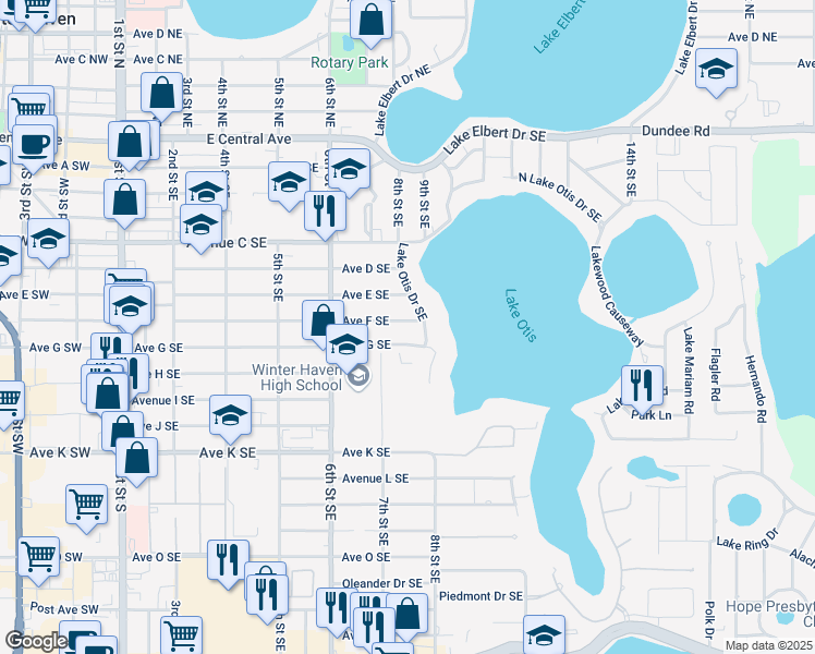 map of restaurants, bars, coffee shops, grocery stores, and more near 716 Avenue F Southeast in Winter Haven