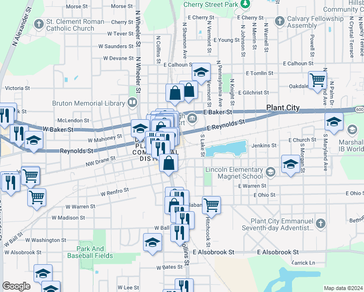 map of restaurants, bars, coffee shops, grocery stores, and more near 102 North Palmer Street in Plant City