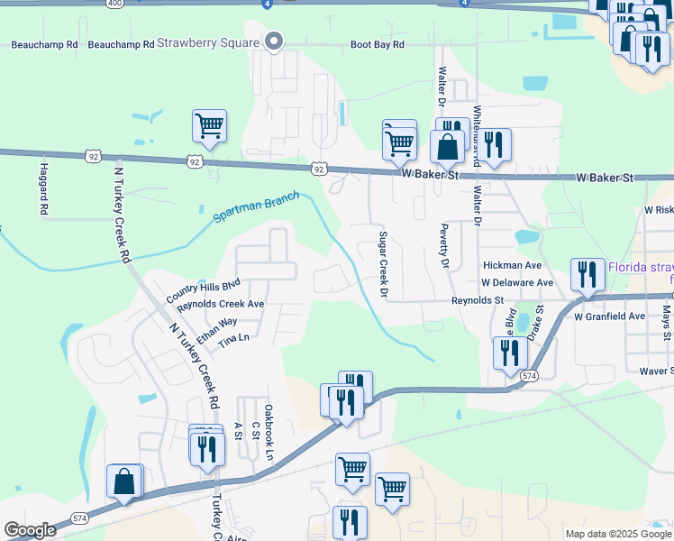 map of restaurants, bars, coffee shops, grocery stores, and more near 3926 Creek Woods Drive in Plant City