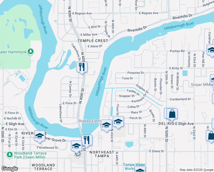 map of restaurants, bars, coffee shops, grocery stores, and more near 4131 Dolphin Drive in Tampa