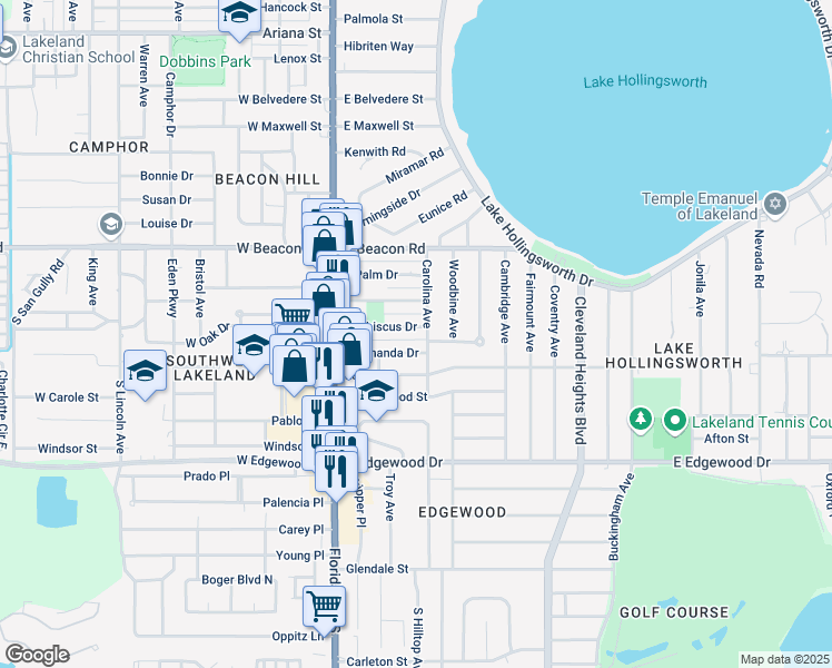 map of restaurants, bars, coffee shops, grocery stores, and more near 411 East Hibiscus Drive in Lakeland