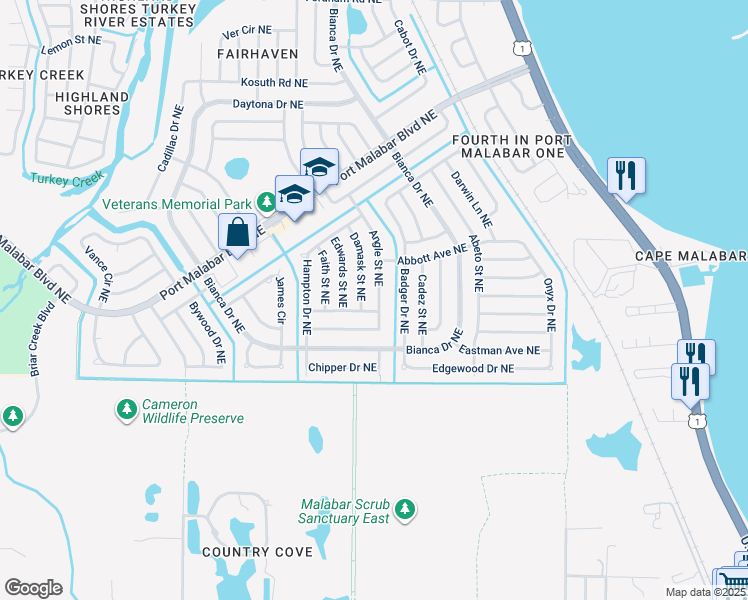 map of restaurants, bars, coffee shops, grocery stores, and more near 748 Angle Street Northeast in Palm Bay