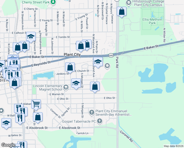 map of restaurants, bars, coffee shops, grocery stores, and more near 1501 Jenkins Street in Plant City