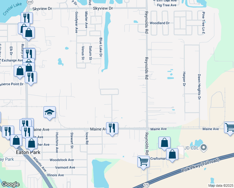 map of restaurants, bars, coffee shops, grocery stores, and more near 3220 Crystal Hills Loop South in Lakeland