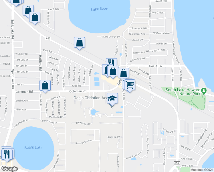 map of restaurants, bars, coffee shops, grocery stores, and more near 21 Carla Court in Winter Haven