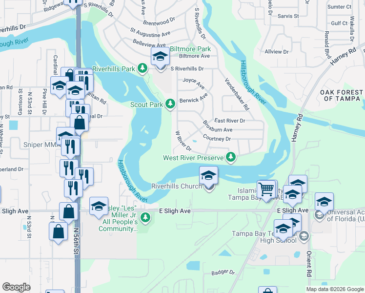 map of restaurants, bars, coffee shops, grocery stores, and more near 903 West River Drive in Tampa