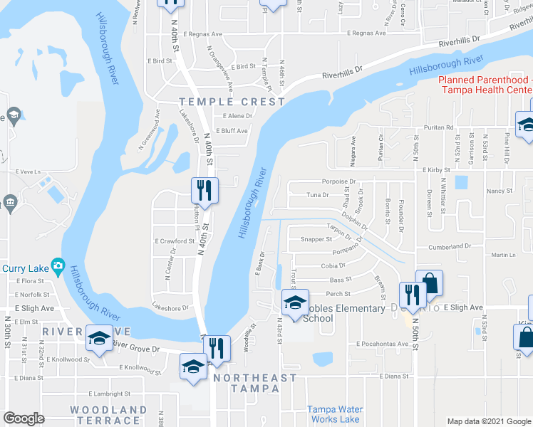 map of restaurants, bars, coffee shops, grocery stores, and more near 4142 Dolphin Drive in Tampa