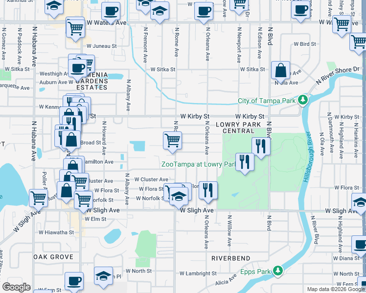 map of restaurants, bars, coffee shops, grocery stores, and more near 7403 North Rome Avenue in Tampa
