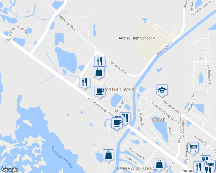 map of restaurants, bars, coffee shops, grocery stores, and more near 7134 Silvermill Drive in Tampa