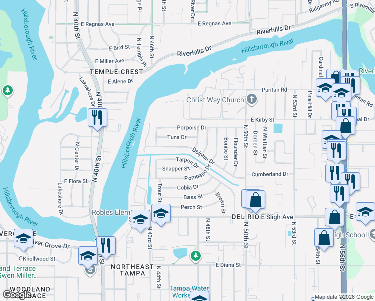 map of restaurants, bars, coffee shops, grocery stores, and more near 4425 Dolphin Drive in Tampa