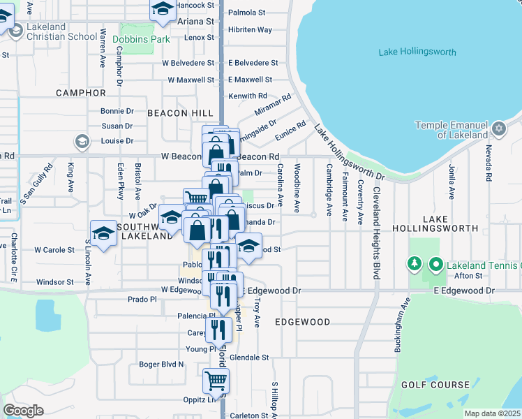 map of restaurants, bars, coffee shops, grocery stores, and more near 311 East Hibiscus Drive in Lakeland