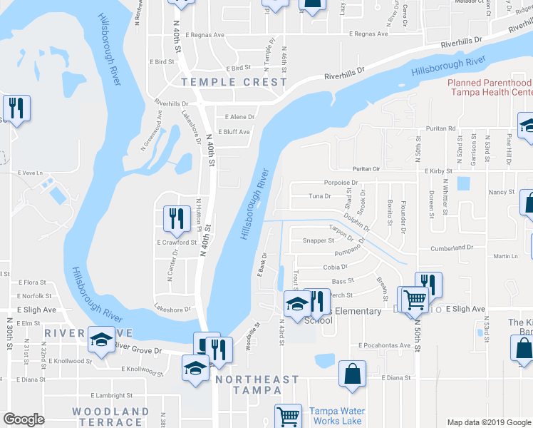 map of restaurants, bars, coffee shops, grocery stores, and more near 4142 Dolphin Drive in Tampa