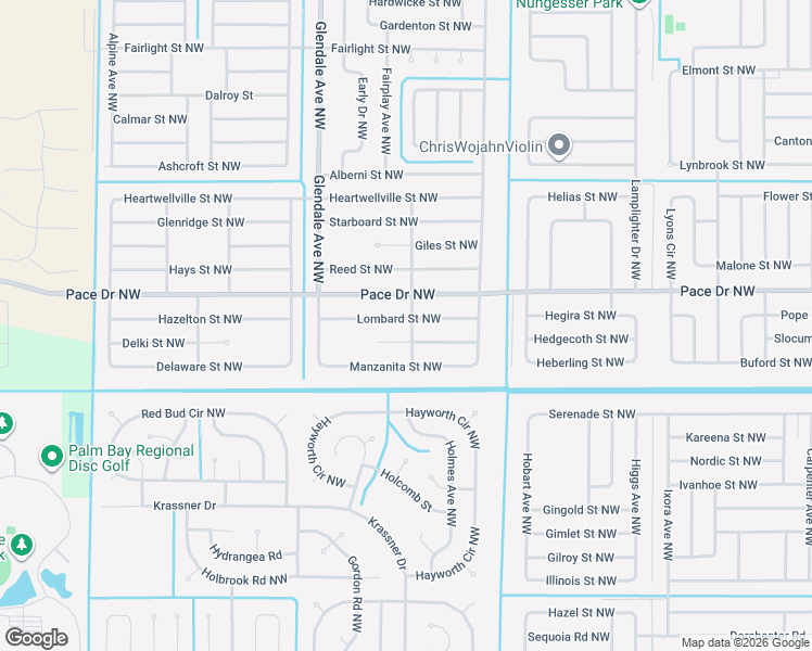 map of restaurants, bars, coffee shops, grocery stores, and more near 1500 Lombard Street Northwest in Palm Bay
