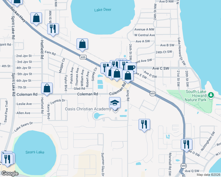 map of restaurants, bars, coffee shops, grocery stores, and more near 29 Carla Court in Winter Haven