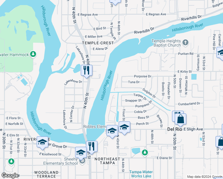 map of restaurants, bars, coffee shops, grocery stores, and more near 4147 Dolphin Drive in Tampa