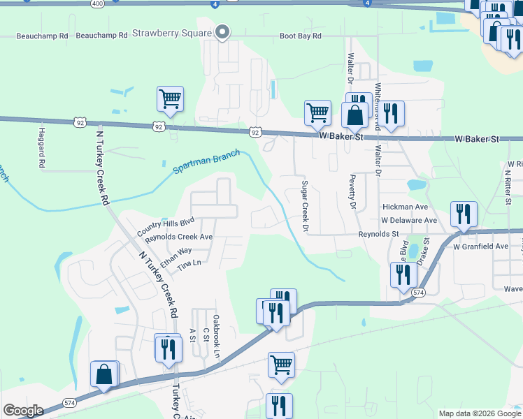 map of restaurants, bars, coffee shops, grocery stores, and more near 3920 Creek Woods Drive in Plant City