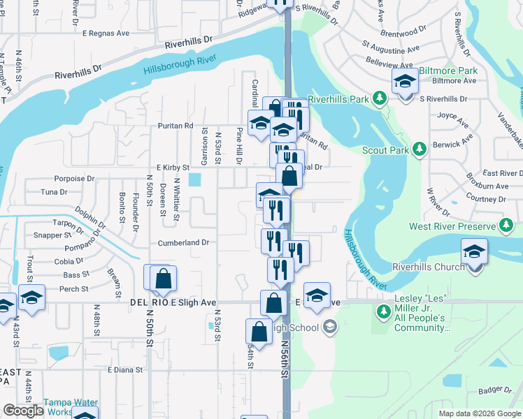 map of restaurants, bars, coffee shops, grocery stores, and more near 7509 Pitch Pine Circle in Tampa