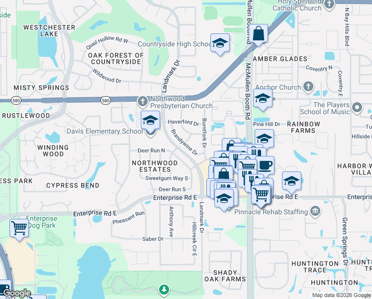 map of restaurants, bars, coffee shops, grocery stores, and more near 2600 Brandywine Drive in Clearwater