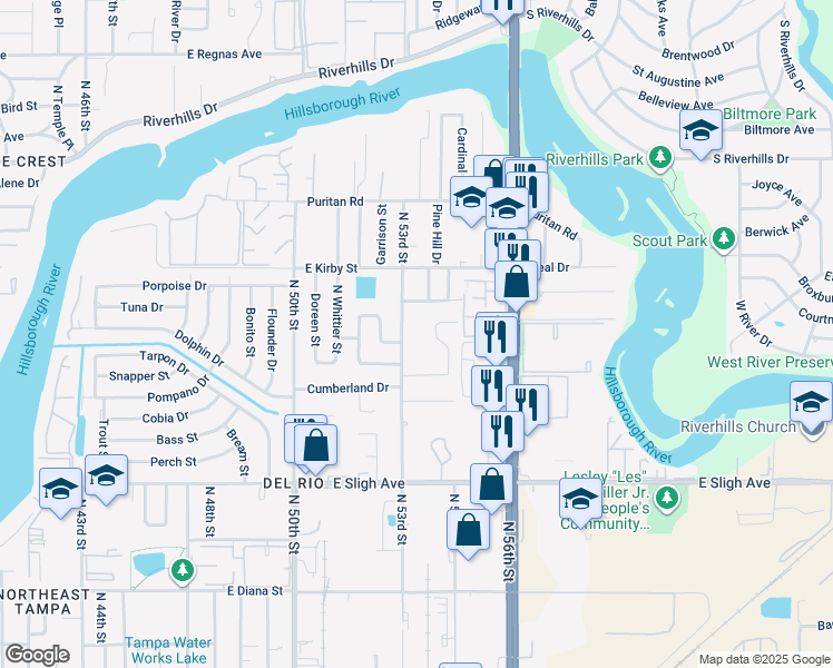 map of restaurants, bars, coffee shops, grocery stores, and more near 7113 North 53rd Street in Tampa