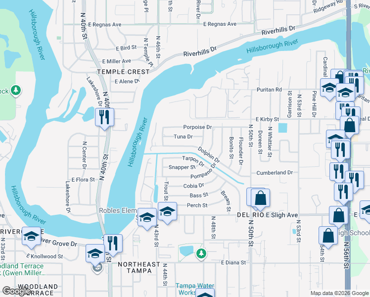 map of restaurants, bars, coffee shops, grocery stores, and more near 4419 Dolphin Drive in Tampa
