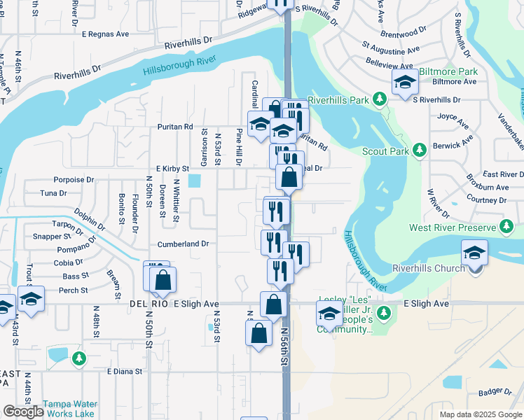 map of restaurants, bars, coffee shops, grocery stores, and more near 7509 Pitch Pine Circle in Tampa