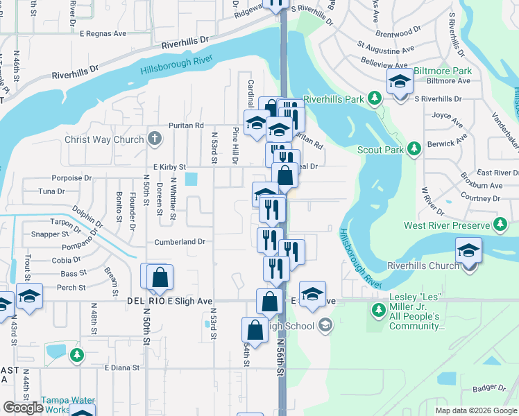 map of restaurants, bars, coffee shops, grocery stores, and more near 7507 Pitch Pine Circle in Tampa