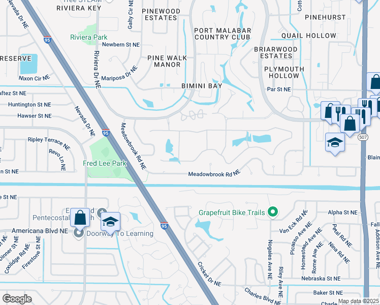 map of restaurants, bars, coffee shops, grocery stores, and more near 1251 Meadowbrook Road Northeast in Palm Bay