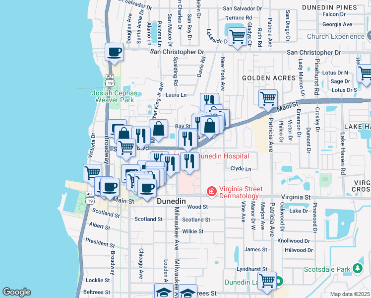 map of restaurants, bars, coffee shops, grocery stores, and more near Skinner Blvd & Oak St in Dunedin