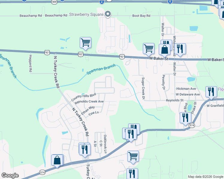 map of restaurants, bars, coffee shops, grocery stores, and more near 4340 Country Hills Boulevard in Plant City