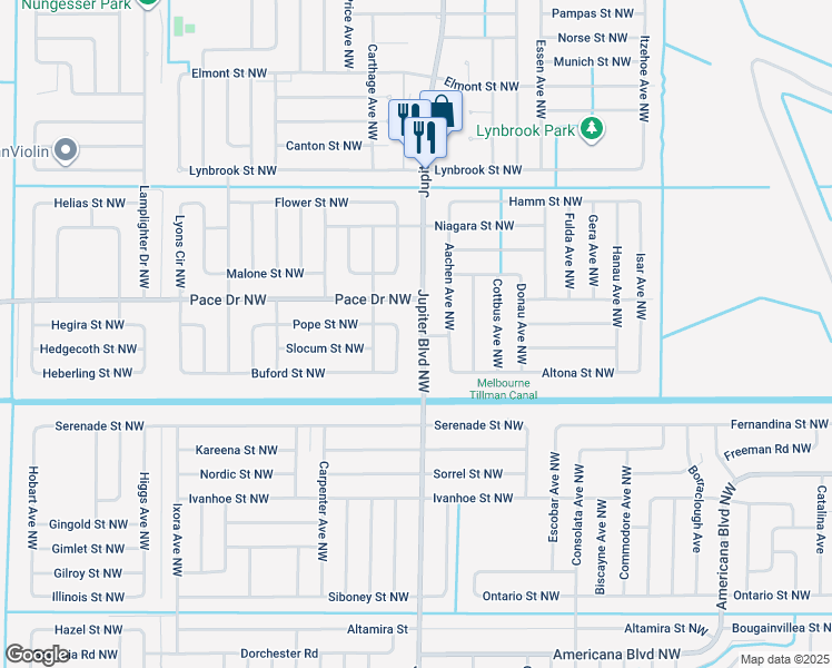 map of restaurants, bars, coffee shops, grocery stores, and more near 1080 Jupiter Boulevard Northwest in Palm Bay