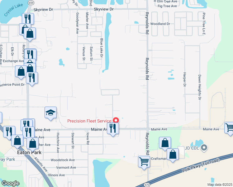 map of restaurants, bars, coffee shops, grocery stores, and more near 3214 Crystal Hills Loop South in Lakeland