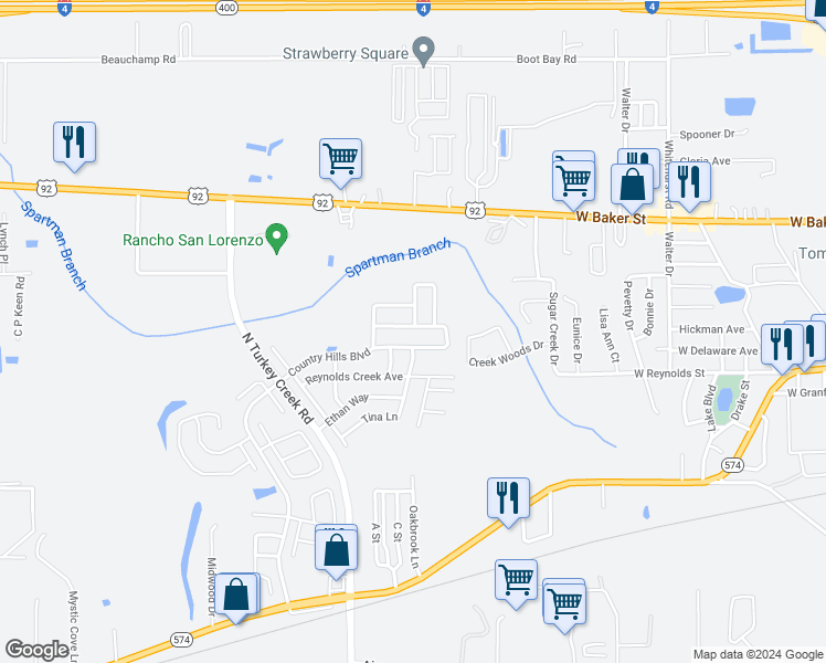 map of restaurants, bars, coffee shops, grocery stores, and more near 4324 Country Hills Boulevard in Plant City