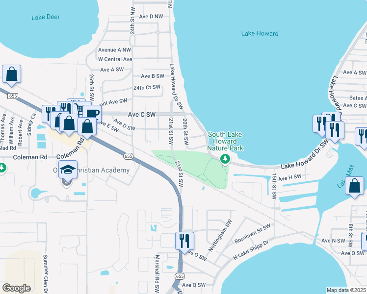 map of restaurants, bars, coffee shops, grocery stores, and more near 625 20th Street Southwest in Winter Haven