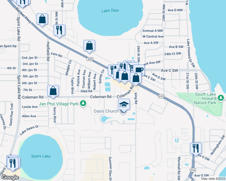 map of restaurants, bars, coffee shops, grocery stores, and more near 10 Coleman Road in Winter Haven