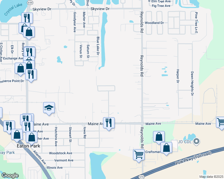 map of restaurants, bars, coffee shops, grocery stores, and more near 3221 Crystal Hills Loop South in Lakeland