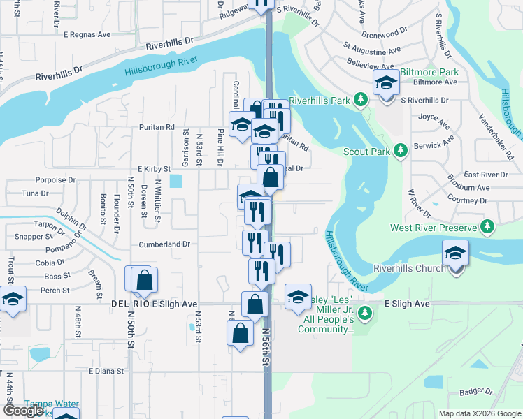 map of restaurants, bars, coffee shops, grocery stores, and more near 7507 North 56th Street in Tampa