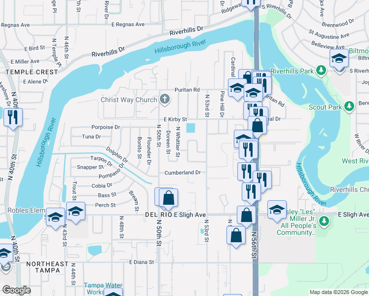 map of restaurants, bars, coffee shops, grocery stores, and more near 7120 Wrenwood Cir in Tampa