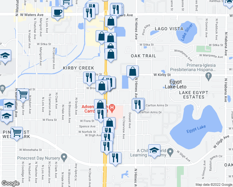 map of restaurants, bars, coffee shops, grocery stores, and more near 7217 North Sterling Avenue in Tampa