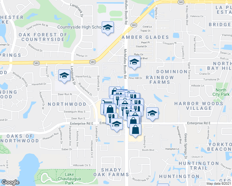 map of restaurants, bars, coffee shops, grocery stores, and more near 3080 Eastland Boulevard in Clearwater