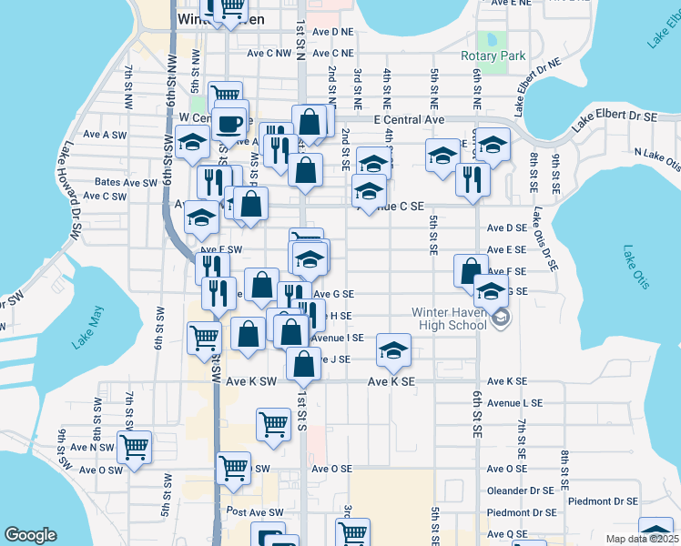 map of restaurants, bars, coffee shops, grocery stores, and more near 601 2nd Street Southeast in Winter Haven